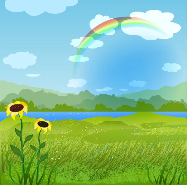 Paisaje de verano con arco iris, prados verdes, cielos azules y girasoles — Vector de stock