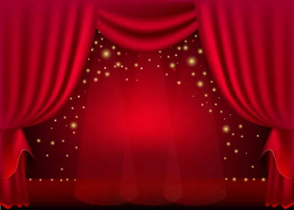 Una escena con una cortina roja e iluminaciones festivas, fondo — Archivo Imágenes Vectoriales