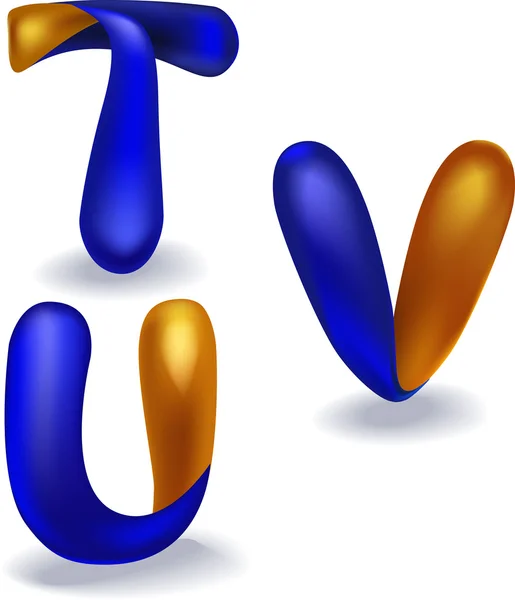 3d lettere blu e arancione 't, u, v' Ogni lettera è un oggetto separato, l'ombra può essere facilmente rimossa — Vettoriale Stock