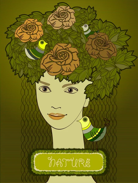 Woman with leaves and birds on the head — Stock Vector