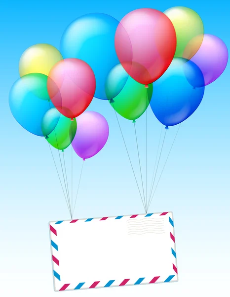 Dos paquetes de globos están levantando un sobre en el aire — Vector de stock