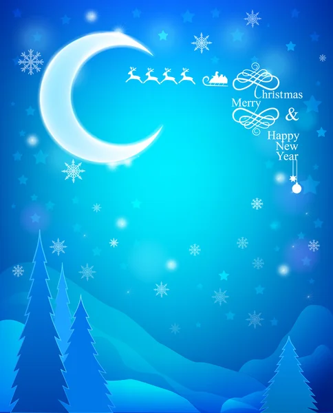 Night landscape with the moon, mountains and pine trees. Christm — Stock Vector