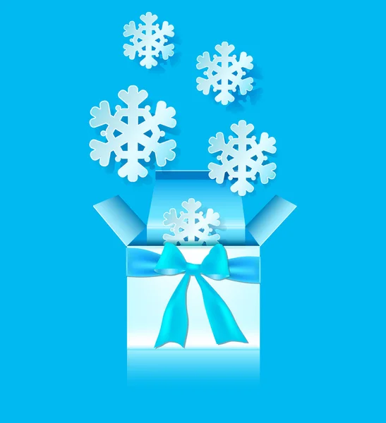 Box tied with a ribbon and snowflakes flying out of it — Stock Vector