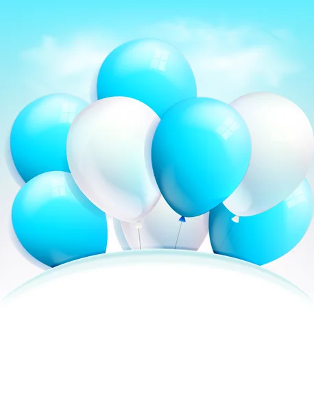 Balões brancos e azuis em um fundo de céu azul e nuvens — Vetor de Stock