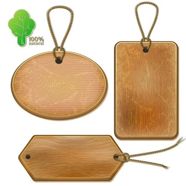 Étiquettes en bois rustiques sur cordes — Image vectorielle