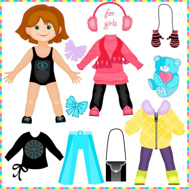 kağıt bebek giysileri bir dizi. Kız şirin moda.