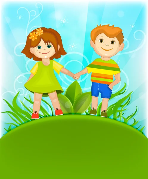 Мальчик и девочка держатся за руки на голубом небе . — стоковый вектор