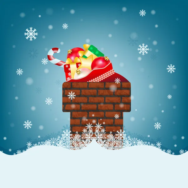 Christmas card with chimney and big bags of gifts from Santa Claus. — Stock Vector