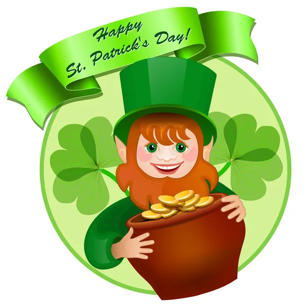 Alegre duende con una olla de dinero. Feliz Día de San Patricio — Vector de stock