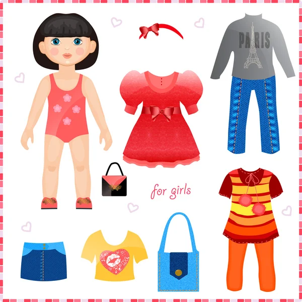 Paper doll with a set of clothes. Cute fashion girl. — Stock Vector