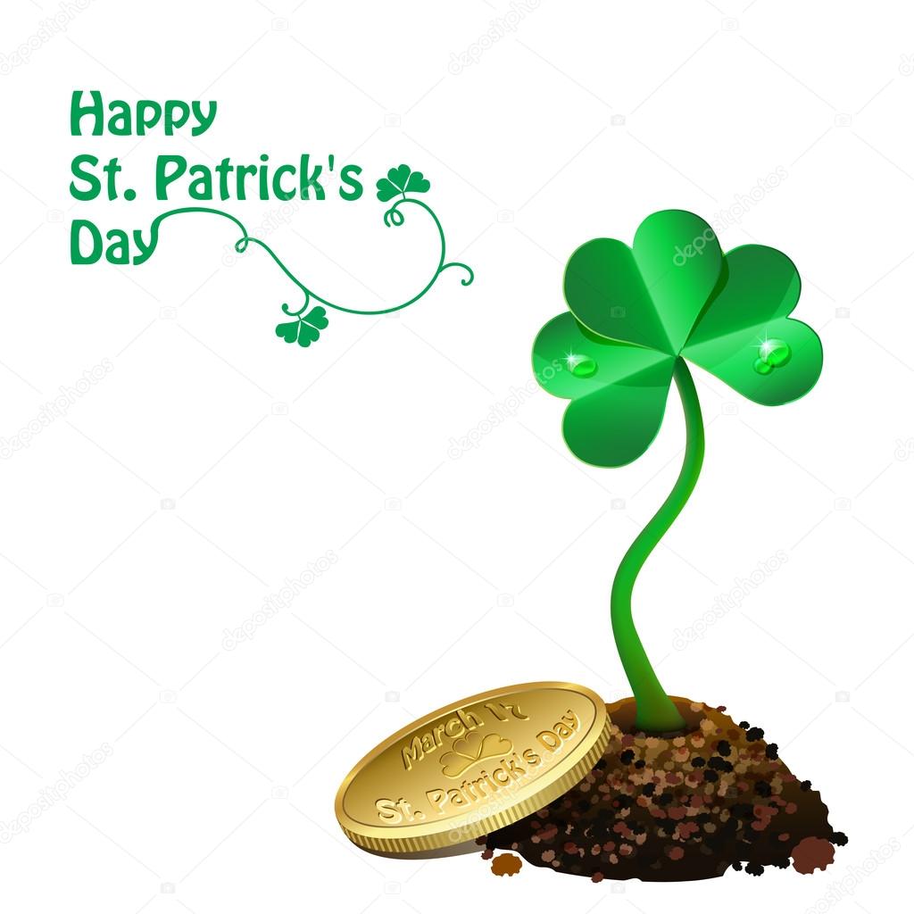 Gold coin on pile of soil and leaf clovers. Happy St. Patrick's Day