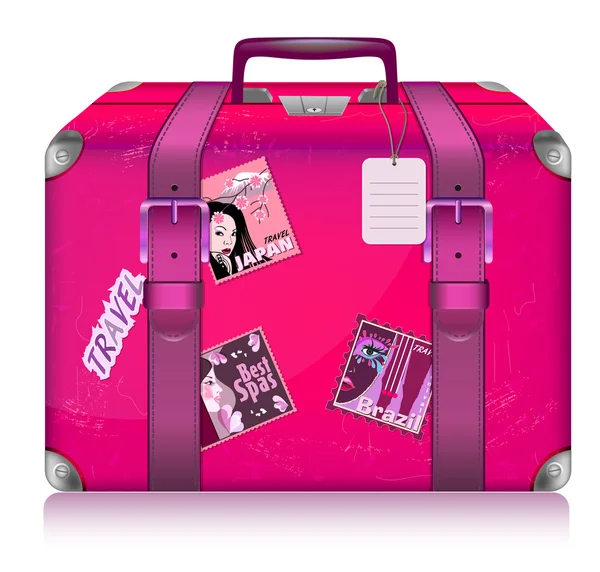 Pink lady 's suitcase for travel with stickers . — стоковый вектор