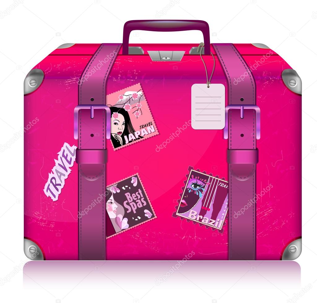 Pink lady's suitcase for travel with stickers.