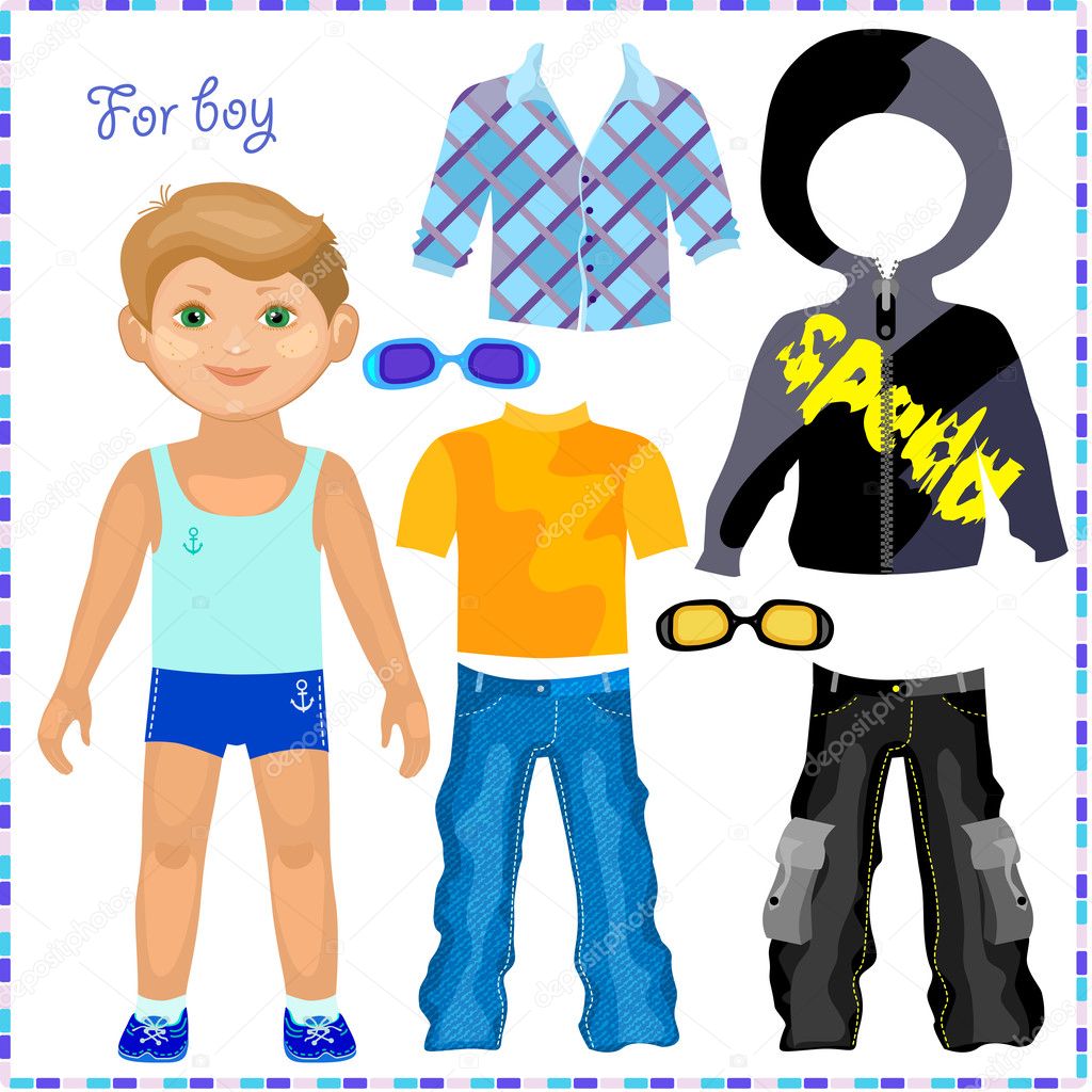 Paper doll with a set of clothes.