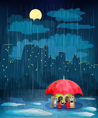 çocuk gece şehirde bir şemsiye altında.