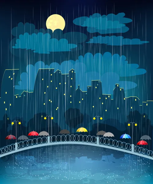 Paisaje con ciudad nocturna — Vector de stock