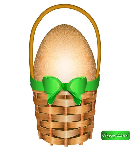 Huevo de Pascua en una cesta con lazo verde . — Vector de stock