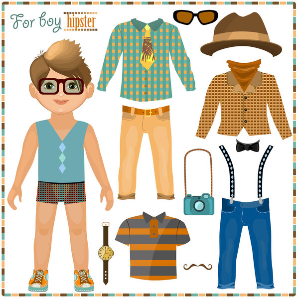 Paper doll with a set of clothes. Cute hipster boy.