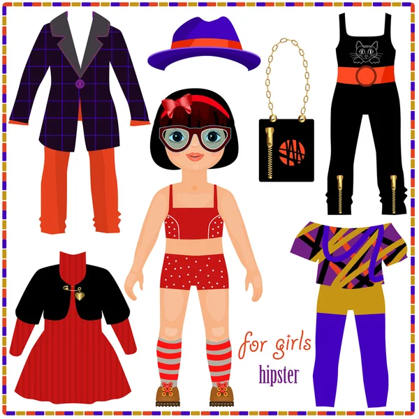 Paper doll with a set of fashion clothes. Cute hipster girl. — Stock Vector