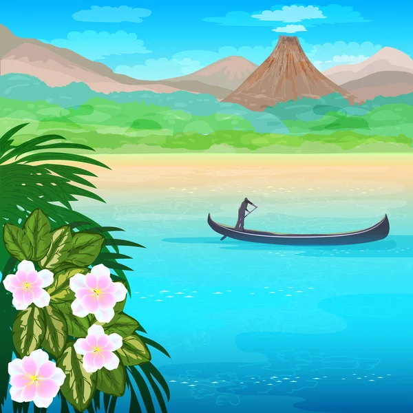ボートと花と海の風景 — ストックベクタ