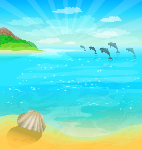 Seascape with dolphins and sea shell — Stock Vector