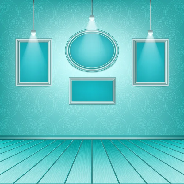 Luxury blue interior with empty frames. Picture gallery — Stock Vector