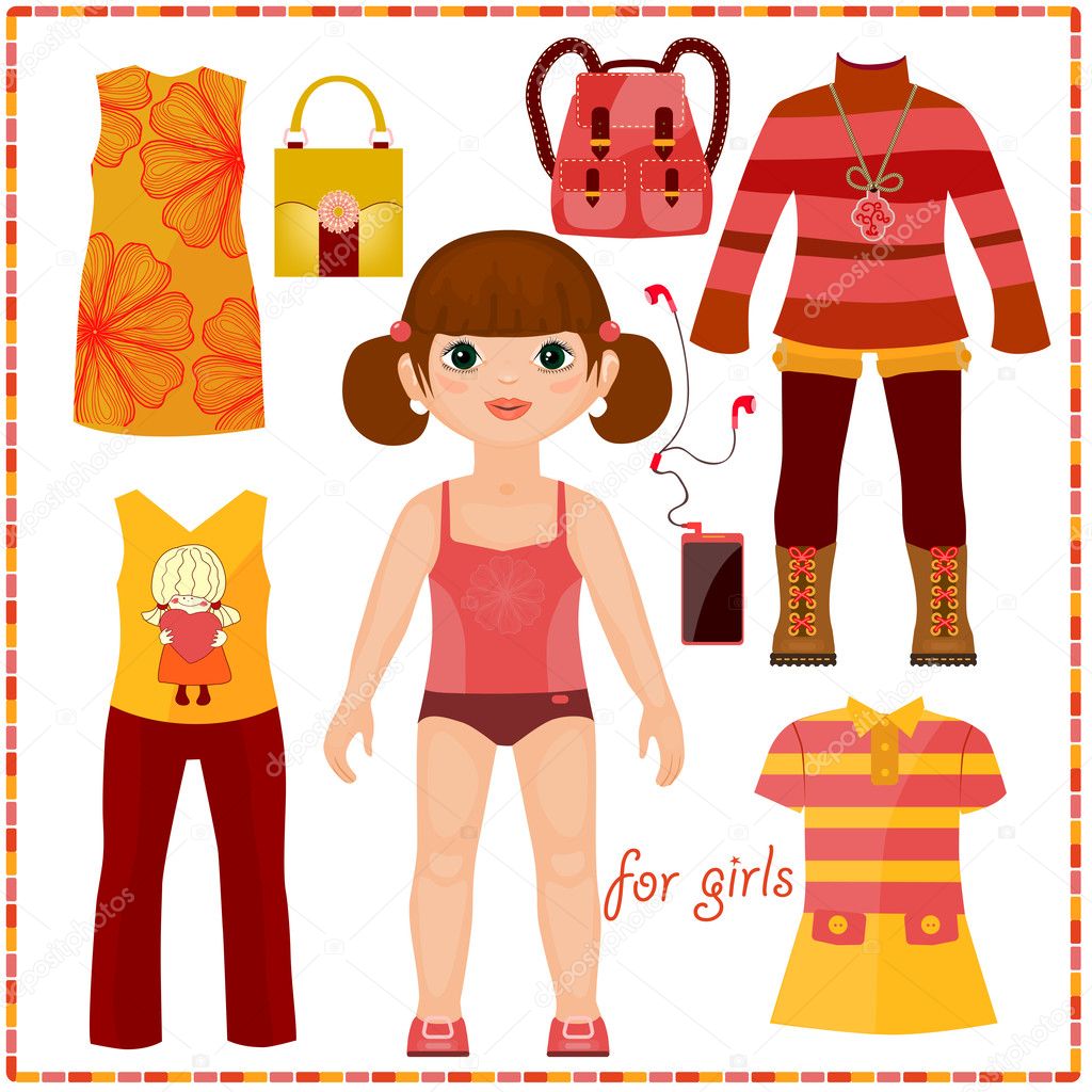 Paper doll with a set of fashion clothes.
