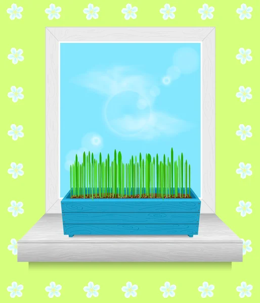 Box with grass stands on the windowsill. — Stock Vector