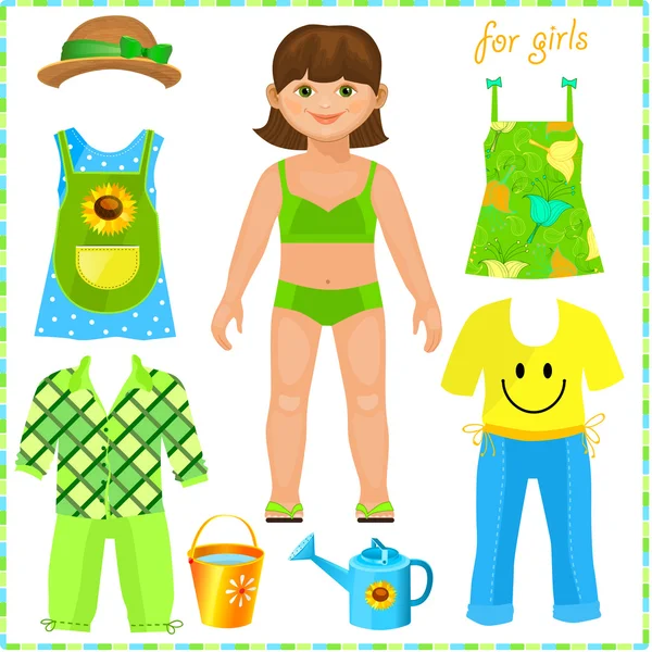 Paper doll with a set of clothes. — Stock Vector