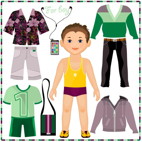 Paper doll with a set of fashionable clothing. — Stock Vector