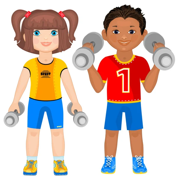 Smiling boy and girl with dumbbells. — Stock Vector