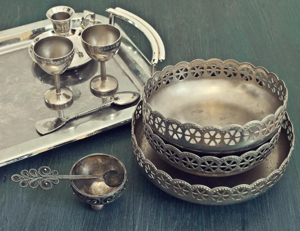 Old silver utensils on a tray — Stock Photo, Image