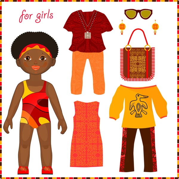 Paper doll with a set of colorful ethnic clothing. Cute little A — Stock Vector