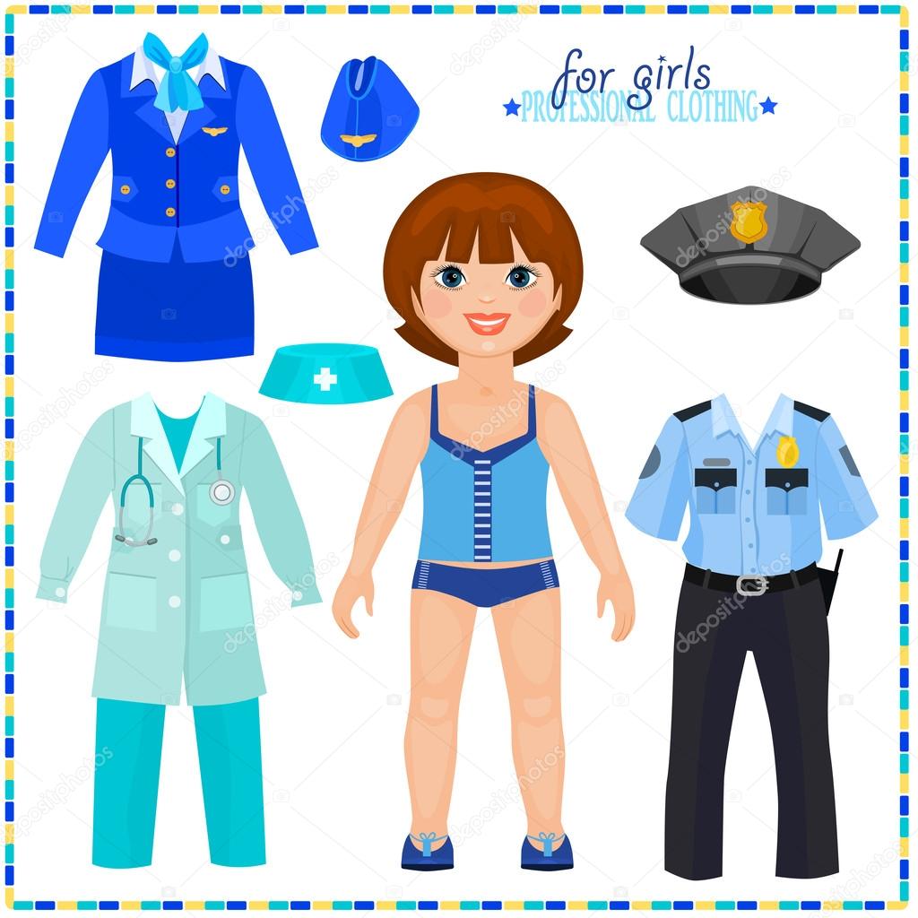Paper doll with a set of professional clothings.