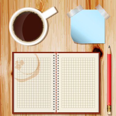 ofis büro kahve fincanı, kalem ve not defteri