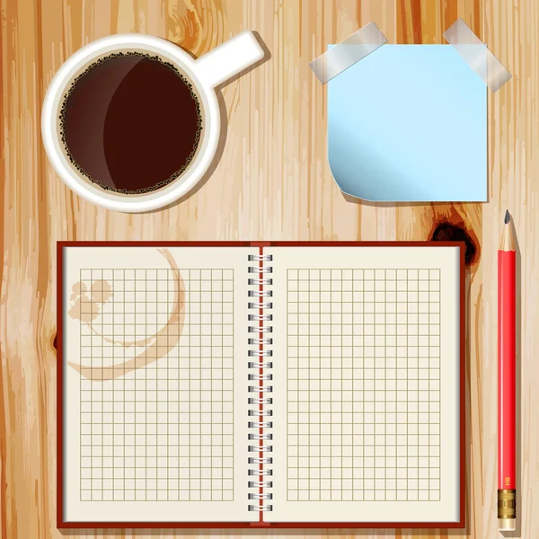 Bureau avec tasse à café, crayon et bloc-notes — Image vectorielle