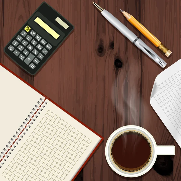 Bureau avec tasse de café divulgué bloc-notes et calculatrice, à — Image vectorielle