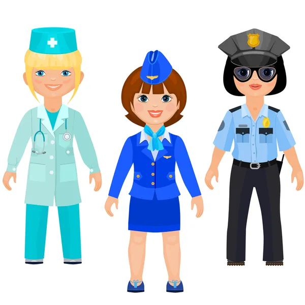 Chicas guapas en uniforme de médicos, policías y mayordomos — Vector de stock