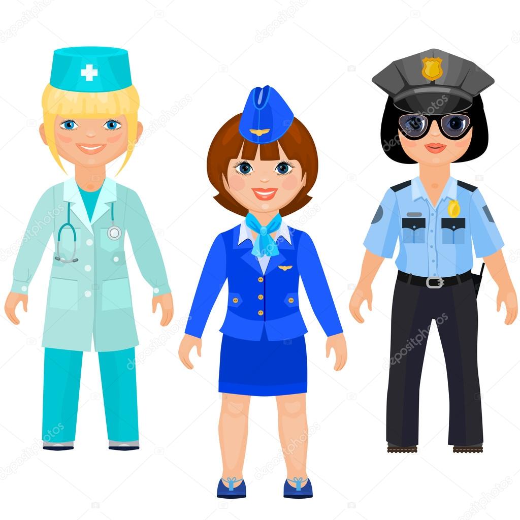 Pretty girls in uniform of doctors, police and stewards