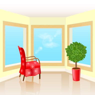 Üç windows, sandalye ve çiçek iç Oda