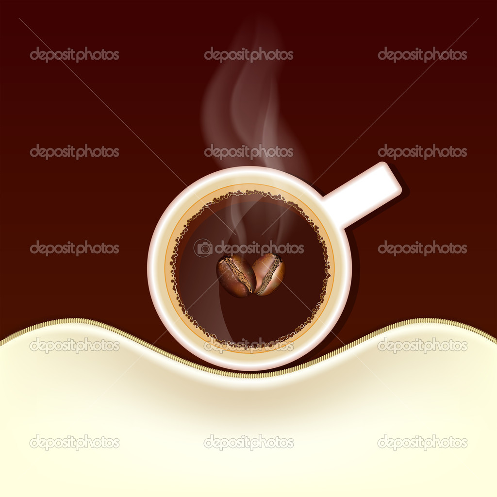Cup of coffee with steam and coffee beans, top view