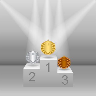 Altın, gümüş ve bronz madalya ile beyaz ayaklı