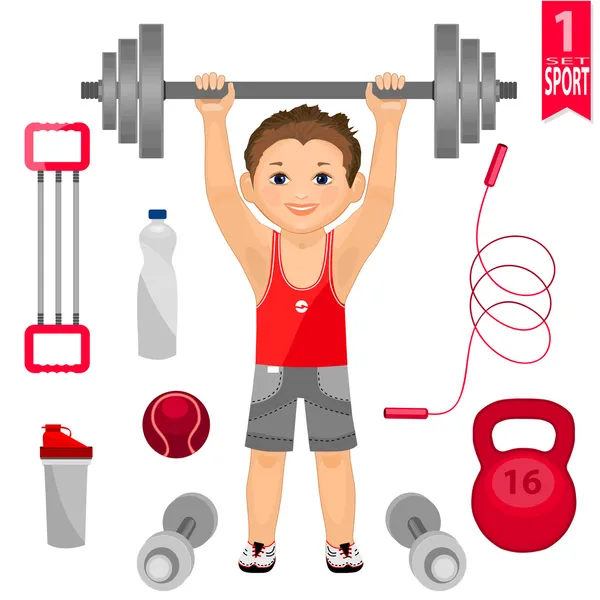 Young man with  barbell and  set of sports equipment — Stock Vector