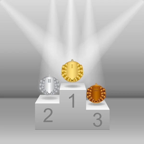 Socle blanc avec médailles d'or, d'argent et de bronze — Image vectorielle