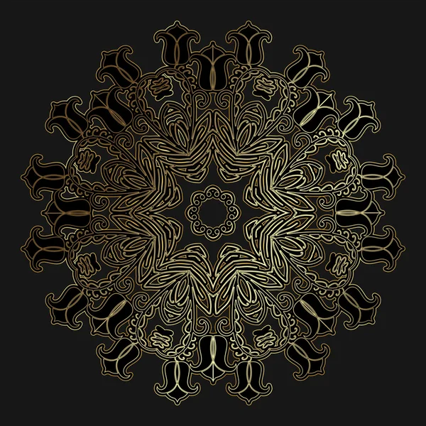 Round openwork gold pattern on black background — Stock Vector