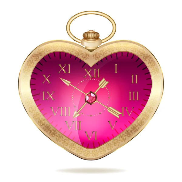 Reloj de bolsillo de oro en forma de corazón — Vector de stock