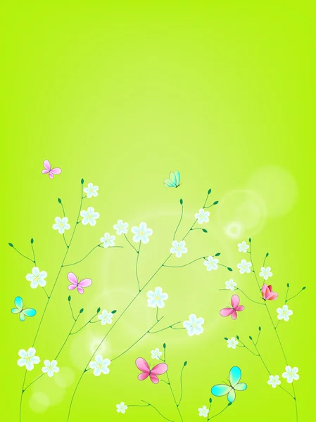 Fondo verde fresco con flores y mariposas — Vector de stock