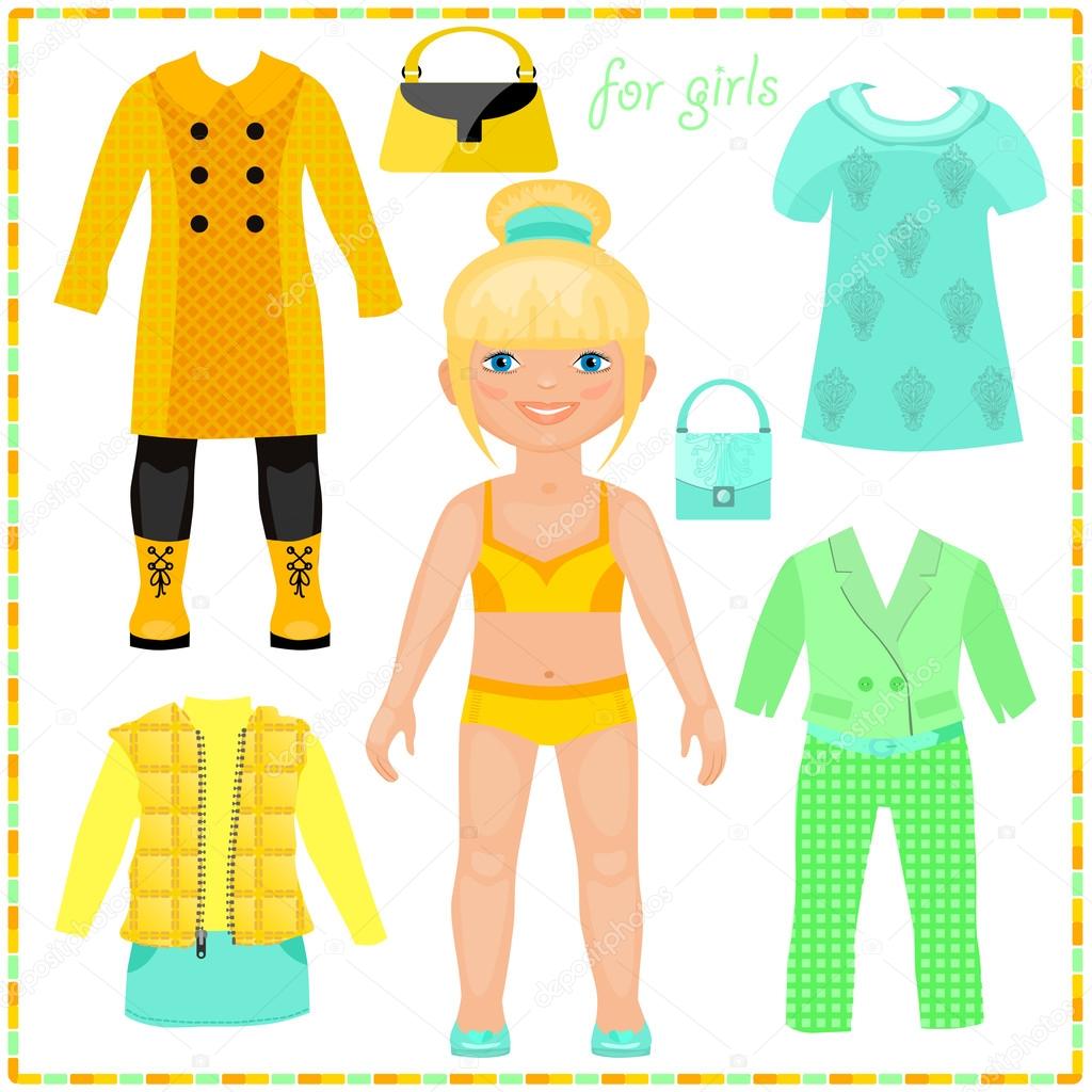 Paper doll with a set of fashion clothes. 