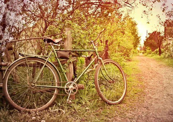 Uma bicicleta velha na vedação. Village Street — Fotografia de Stock