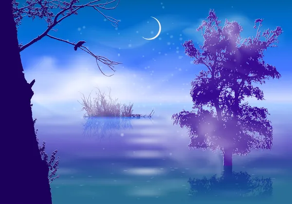 Night landscape with fog and trees submerged in water — Stock Vector